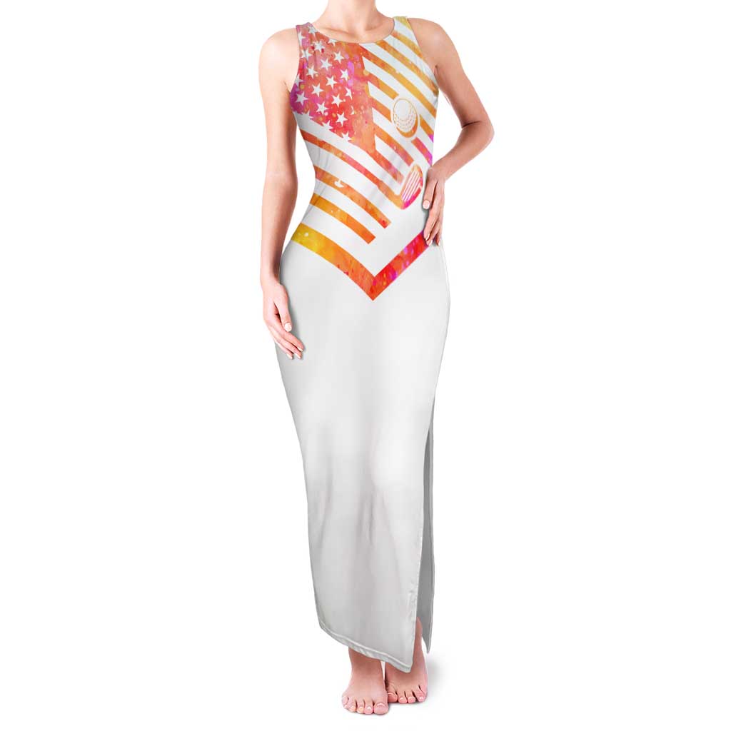 USA Golf Design Family Matching Tank Maxi Dress and Hawaiian Shirt Watercolor Female Silhouette and Orange Gradient Flag and Ball Pattern - Wonder Print Shop