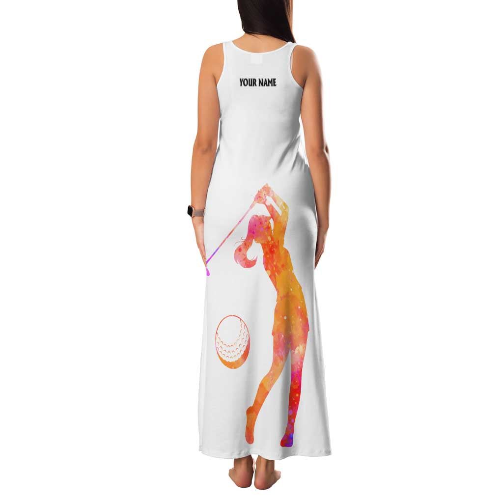 USA Golf Design Family Matching Tank Maxi Dress and Hawaiian Shirt Watercolor Female Silhouette and Orange Gradient Flag and Ball Pattern - Wonder Print Shop