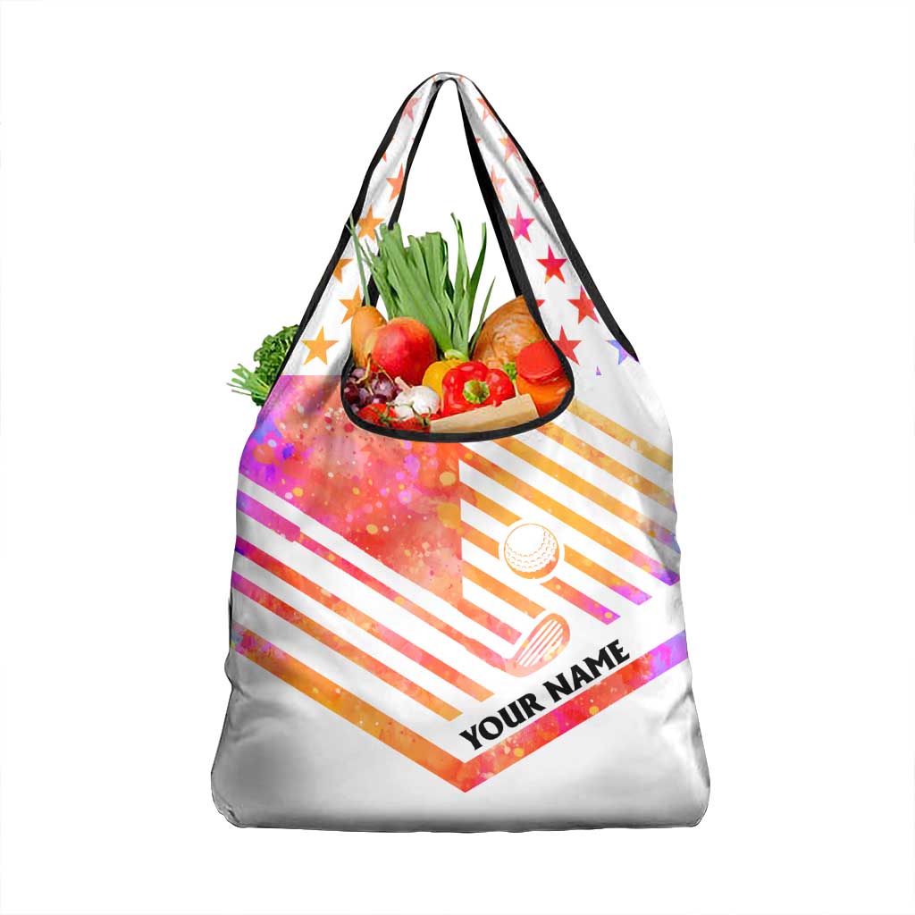 USA Golf Design Grocery Bag Watercolor Female Silhouette and Orange Gradient Flag and Ball Pattern - Wonder Print Shop