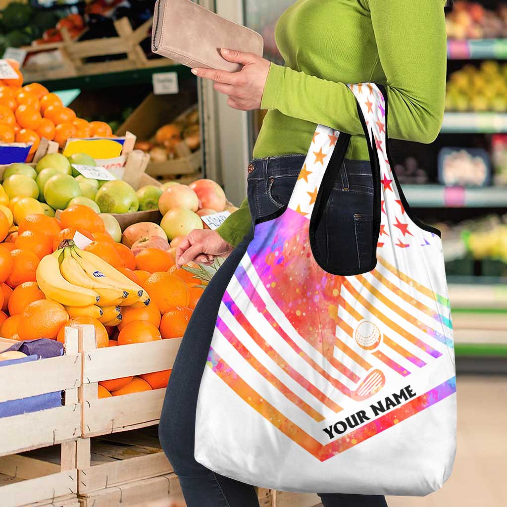 USA Golf Design Grocery Bag Watercolor Female Silhouette and Orange Gradient Flag and Ball Pattern - Wonder Print Shop