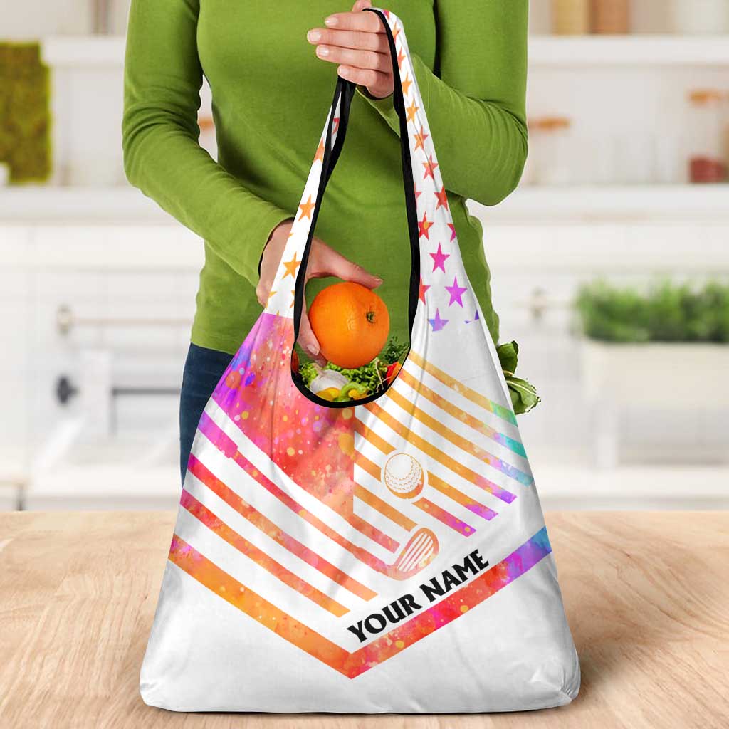 USA Golf Design Grocery Bag Watercolor Female Silhouette and Orange Gradient Flag and Ball Pattern - Wonder Print Shop