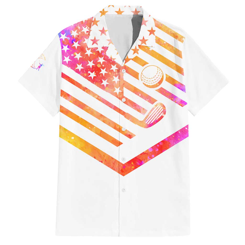 USA Golf Design Hawaiian Shirt Watercolor Female Silhouette and Orange Gradient Flag and Ball Pattern - Wonder Print Shop