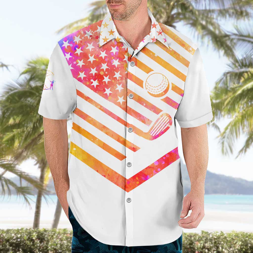 USA Golf Design Hawaiian Shirt Watercolor Female Silhouette and Orange Gradient Flag and Ball Pattern - Wonder Print Shop