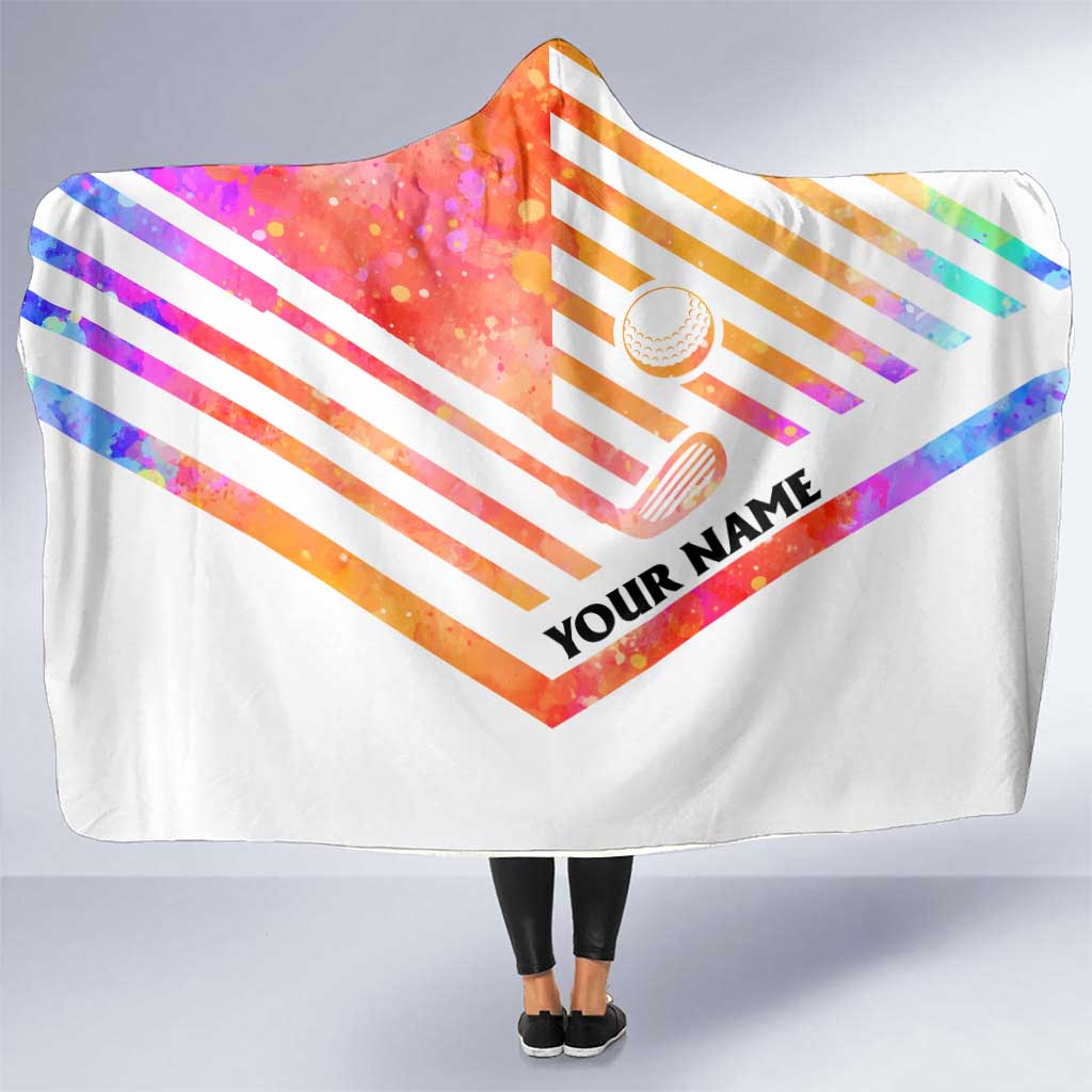 USA Golf Design Hooded Blanket Watercolor Female Silhouette and Orange Gradient Flag and Ball Pattern - Wonder Print Shop