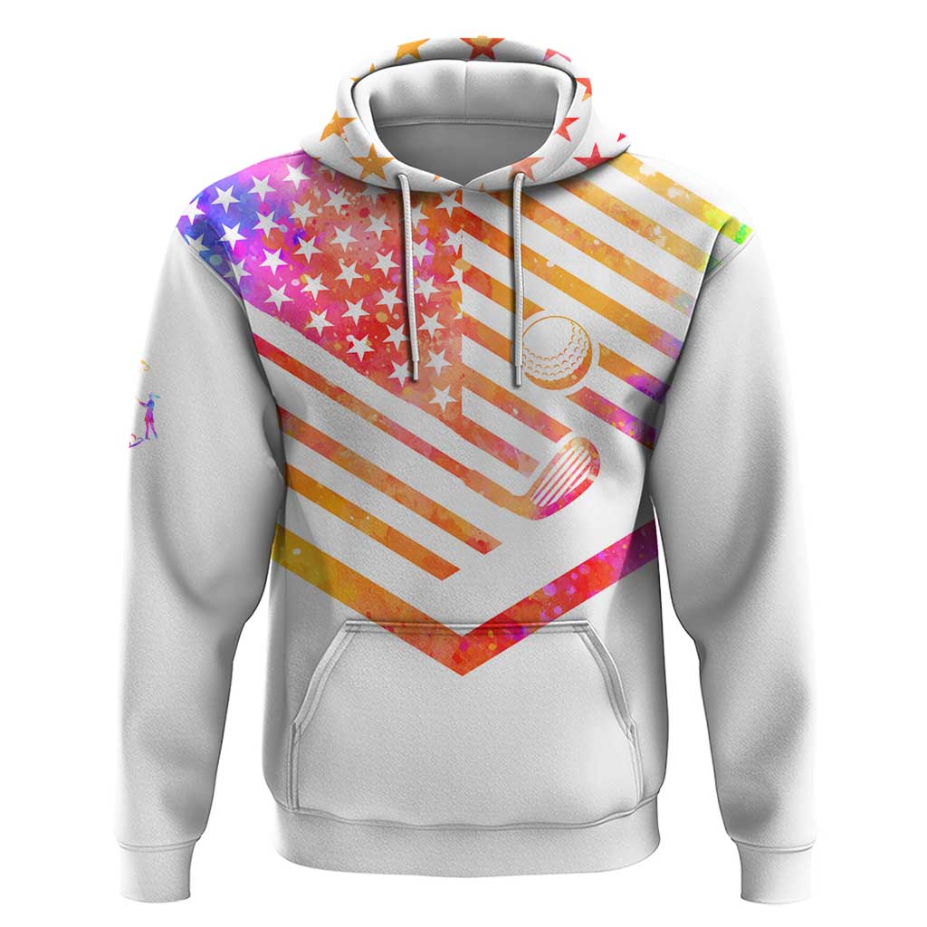 USA Golf Design Hoodie Watercolor Female Silhouette and Orange Gradient Flag and Ball Pattern - Wonder Print Shop