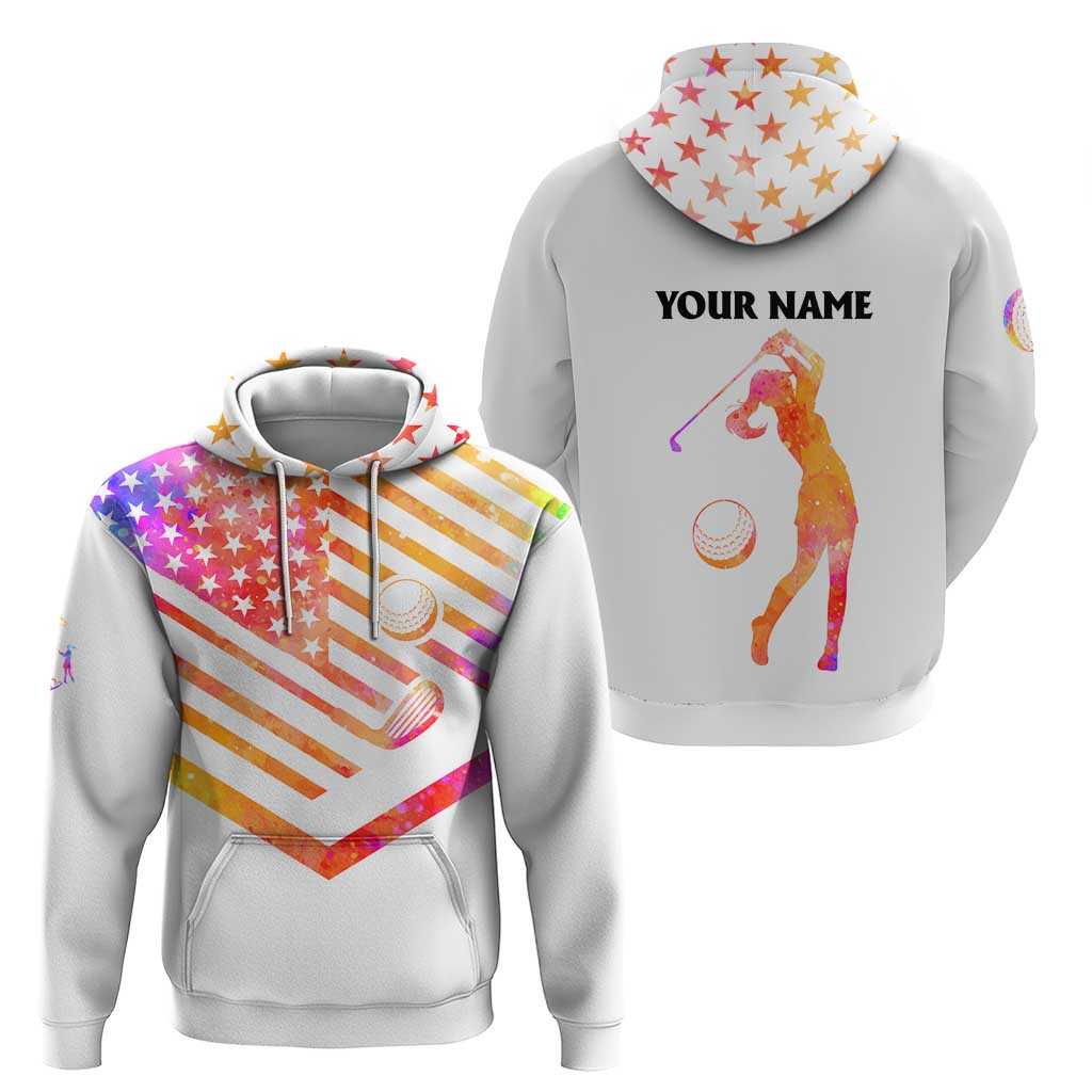 USA Golf Design Hoodie Watercolor Female Silhouette and Orange Gradient Flag and Ball Pattern - Wonder Print Shop