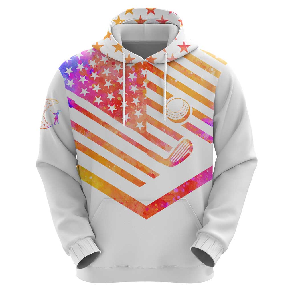 USA Golf Design Hoodie Watercolor Female Silhouette and Orange Gradient Flag and Ball Pattern - Wonder Print Shop
