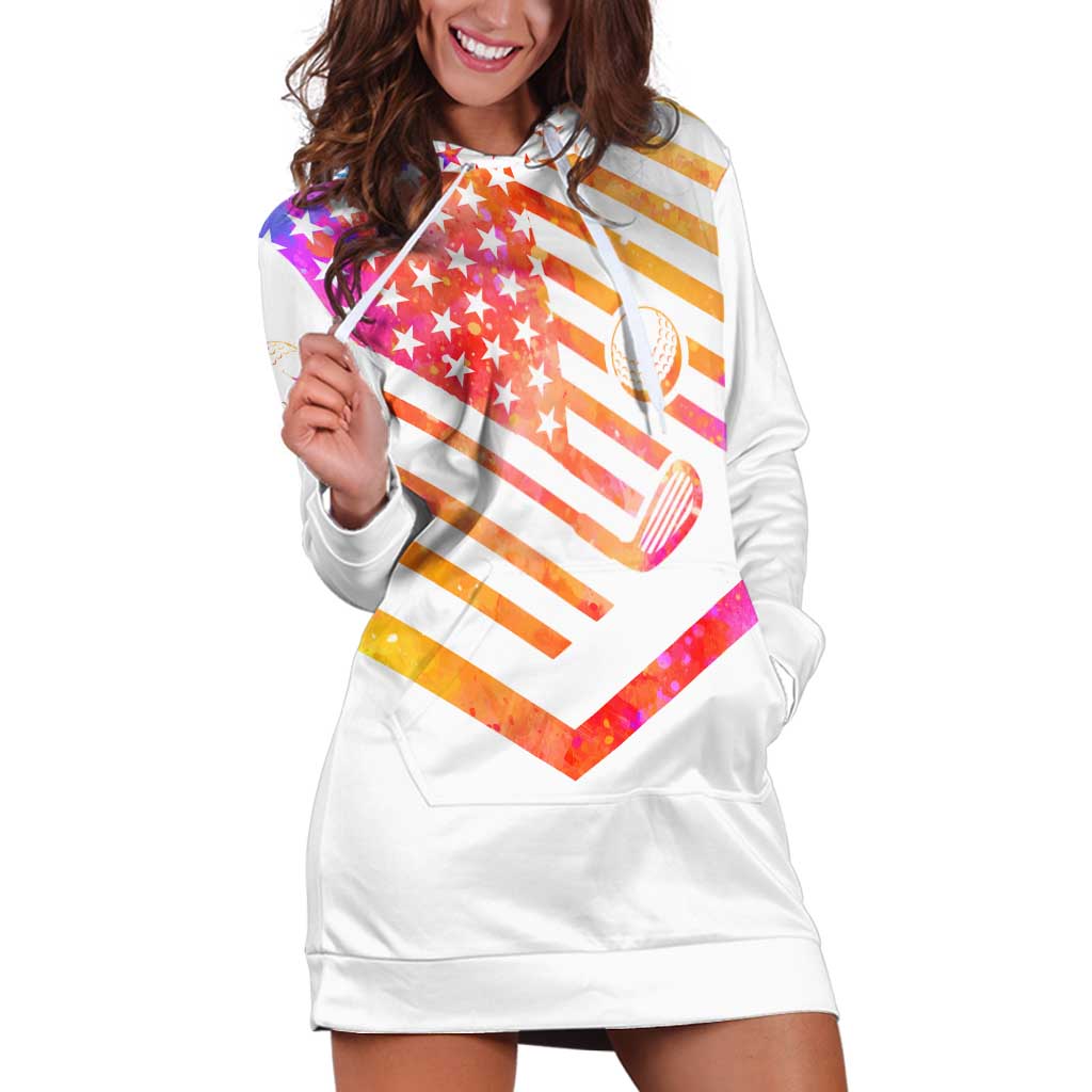 USA Golf Design Hoodie Dress Watercolor Female Silhouette and Orange Gradient Flag and Ball Pattern - Wonder Print Shop