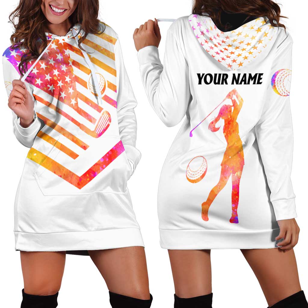 USA Golf Design Hoodie Dress Watercolor Female Silhouette and Orange Gradient Flag and Ball Pattern - Wonder Print Shop
