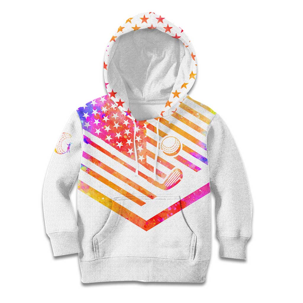 USA Golf Design Kid Hoodie Watercolor Female Silhouette and Orange Gradient Flag and Ball Pattern - Wonder Print Shop
