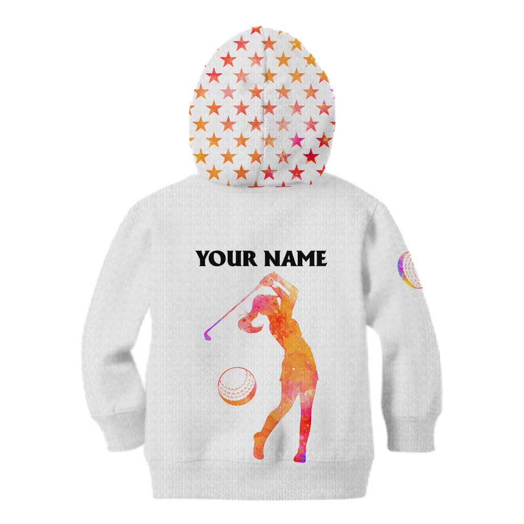 USA Golf Design Kid Hoodie Watercolor Female Silhouette and Orange Gradient Flag and Ball Pattern - Wonder Print Shop