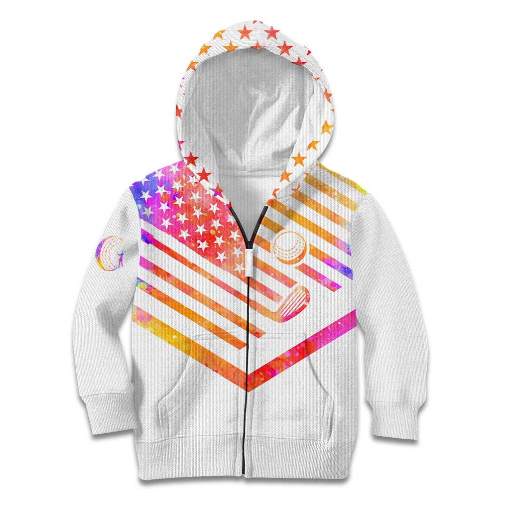 USA Golf Design Kid Hoodie Watercolor Female Silhouette and Orange Gradient Flag and Ball Pattern - Wonder Print Shop
