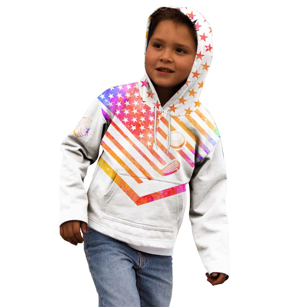 USA Golf Design Kid Hoodie Watercolor Female Silhouette and Orange Gradient Flag and Ball Pattern - Wonder Print Shop