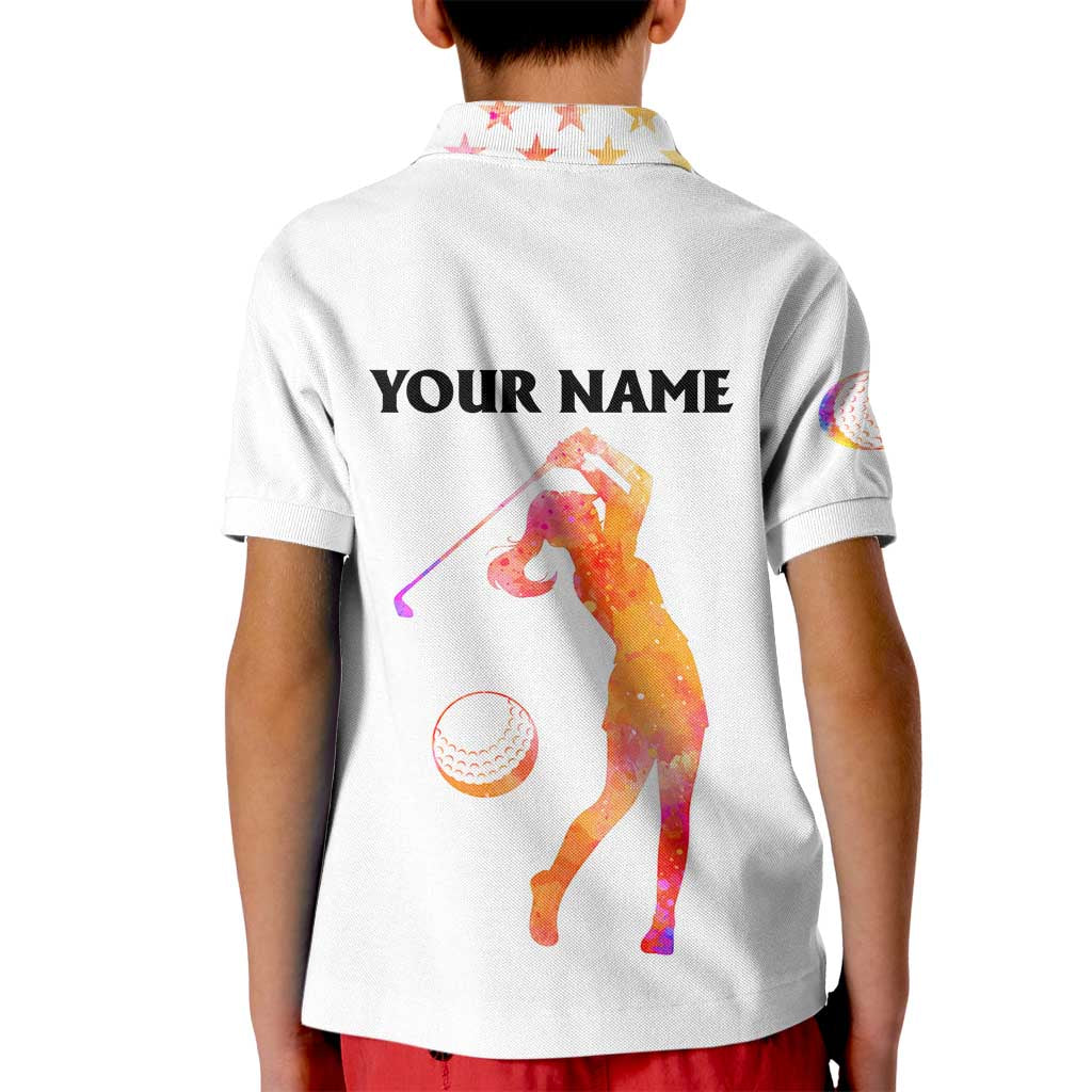 USA Golf Design Kid Polo Shirt Watercolor Female Silhouette and Orange Gradient Flag and Ball Pattern - Wonder Print Shop