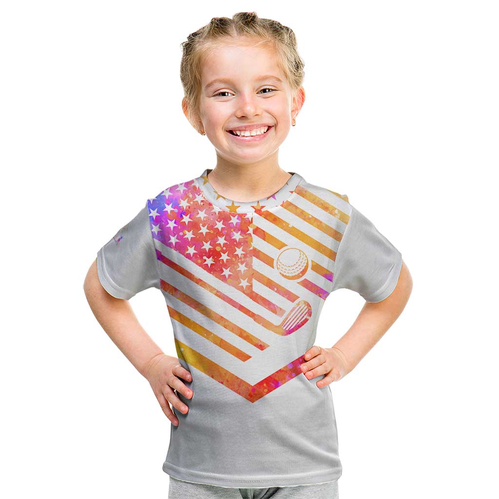 USA Golf Design Kid T Shirt Watercolor Female Silhouette and Orange Gradient Flag and Ball Pattern - Wonder Print Shop