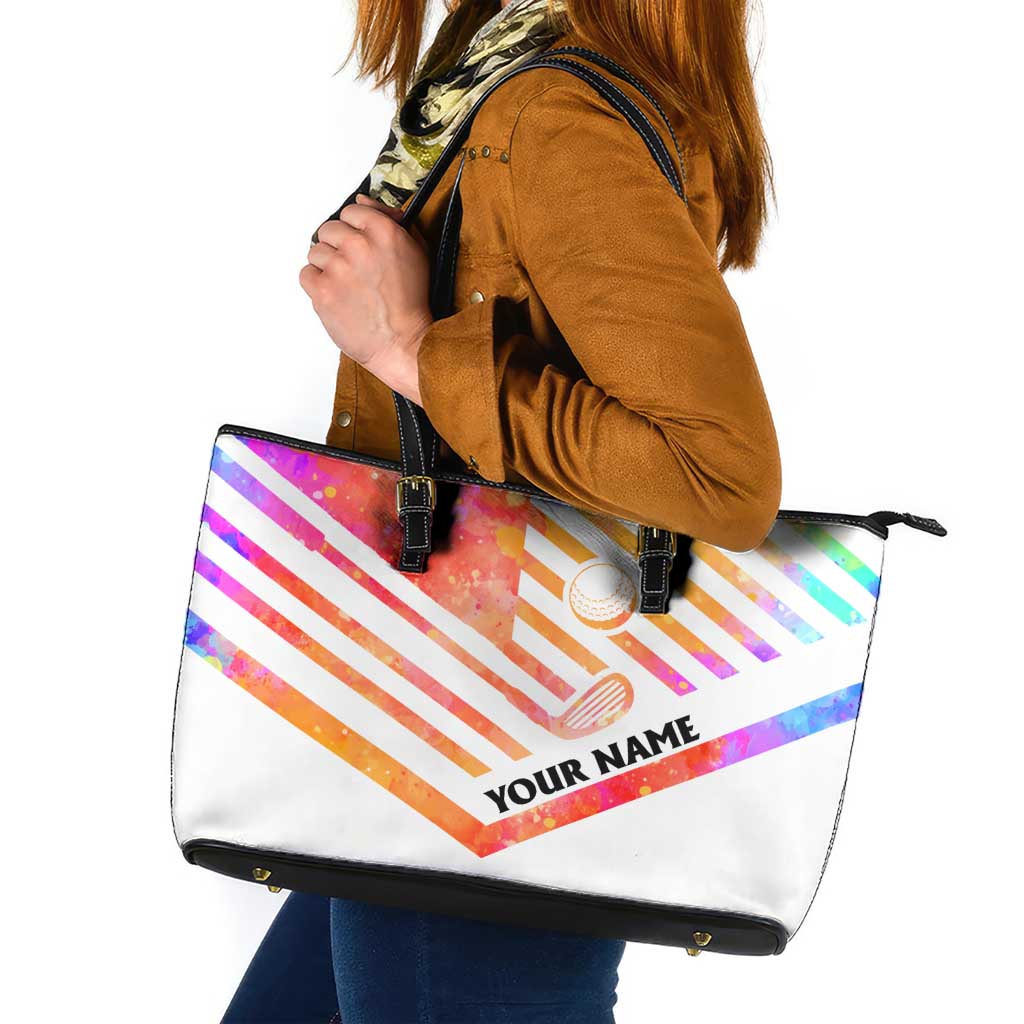 USA Golf Design Leather Tote Bag Watercolor Female Silhouette and Orange Gradient Flag and Ball Pattern - Wonder Print Shop