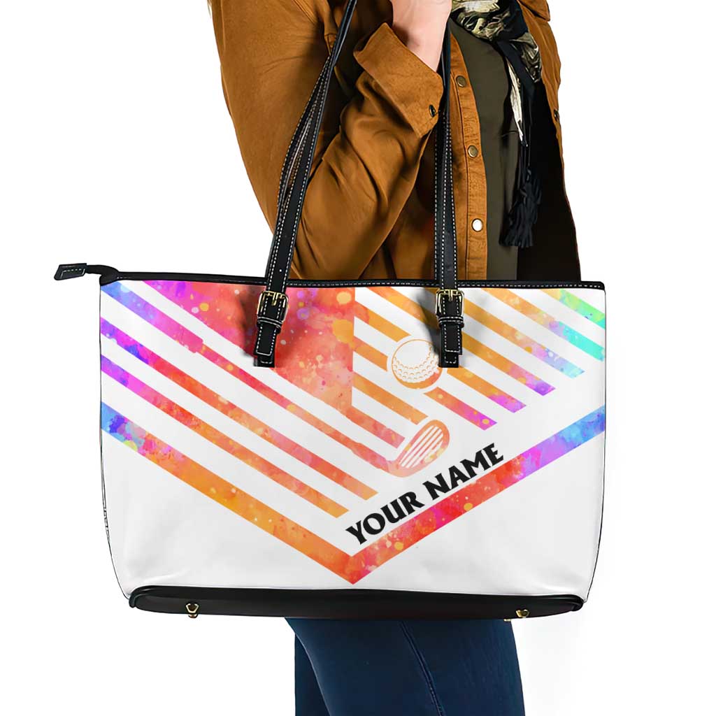 USA Golf Design Leather Tote Bag Watercolor Female Silhouette and Orange Gradient Flag and Ball Pattern - Wonder Print Shop