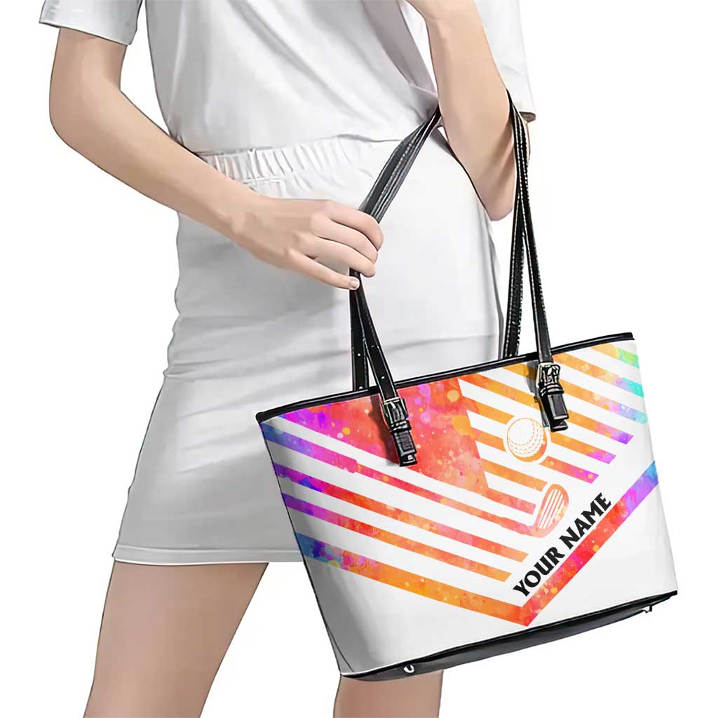 USA Golf Design Leather Tote Bag Watercolor Female Silhouette and Orange Gradient Flag and Ball Pattern - Wonder Print Shop