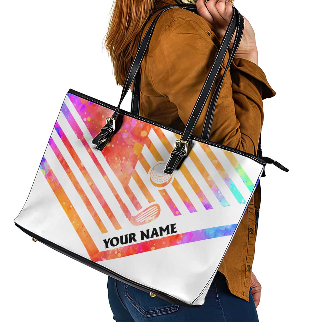 USA Golf Design Leather Tote Bag Watercolor Female Silhouette and Orange Gradient Flag and Ball Pattern - Wonder Print Shop