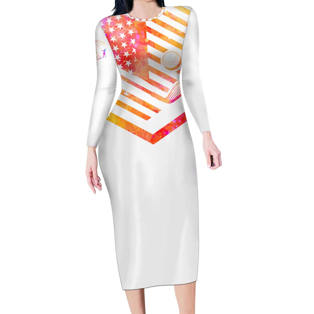 USA Golf Design Long Sleeve Bodycon Dress Watercolor Female Silhouette and Orange Gradient Flag and Ball Pattern - Wonder Print Shop