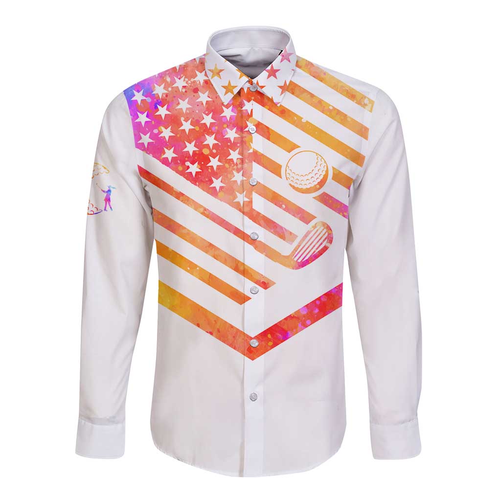 USA Golf Design Long Sleeve Button Shirt Watercolor Female Silhouette and Orange Gradient Flag and Ball Pattern - Wonder Print Shop