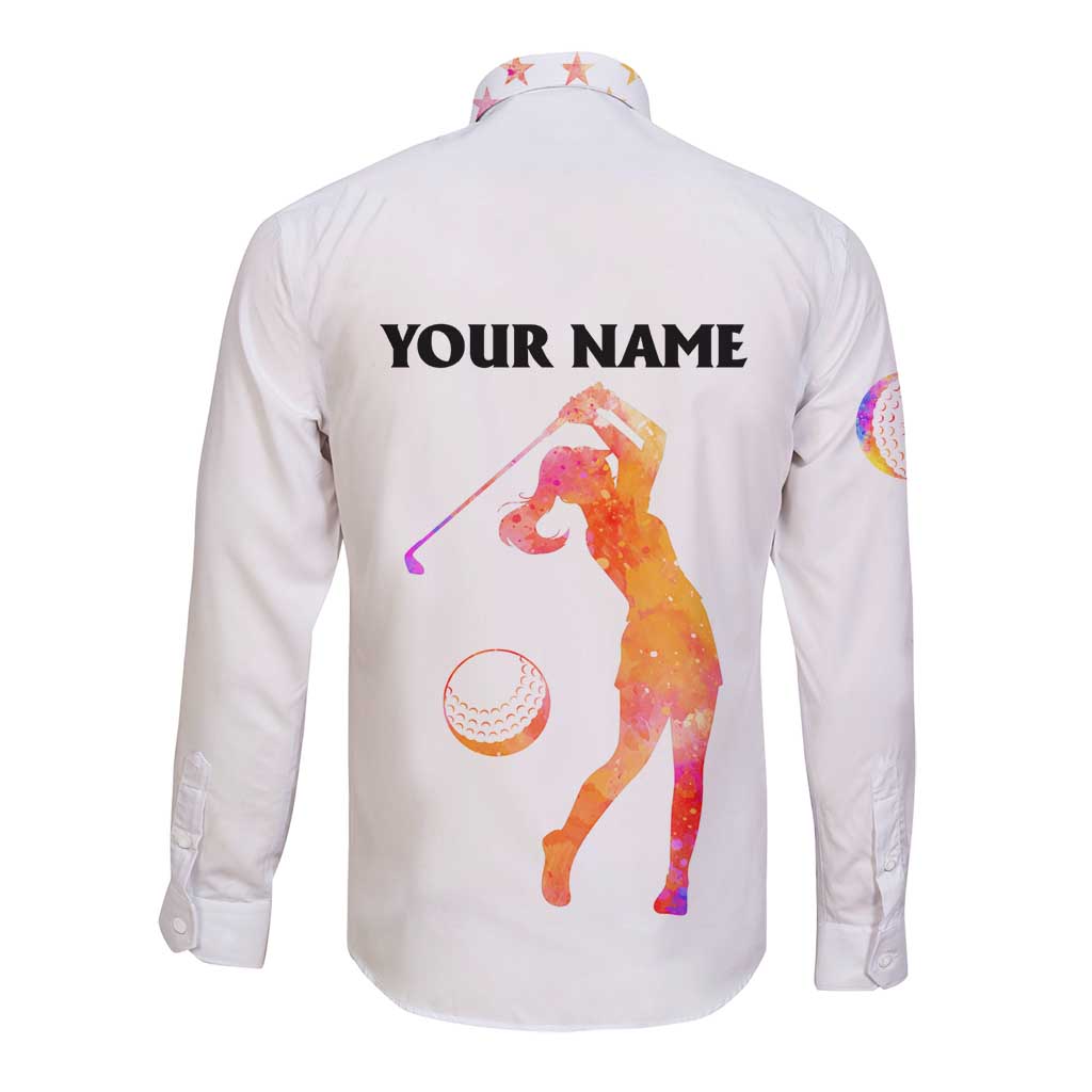 USA Golf Design Long Sleeve Button Shirt Watercolor Female Silhouette and Orange Gradient Flag and Ball Pattern - Wonder Print Shop