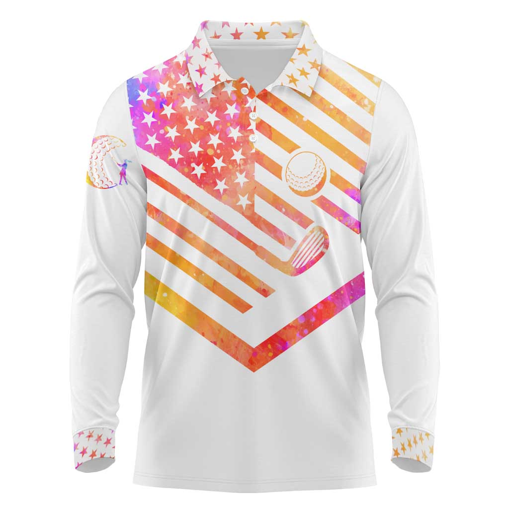 USA Golf Design Long Sleeve Polo Shirt Watercolor Female Silhouette and Orange Gradient Flag and Ball Pattern - Wonder Print Shop
