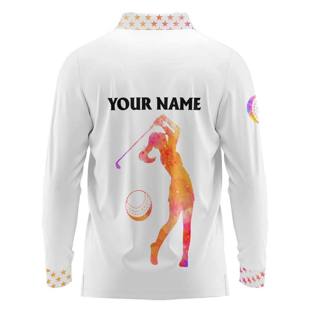 USA Golf Design Long Sleeve Polo Shirt Watercolor Female Silhouette and Orange Gradient Flag and Ball Pattern - Wonder Print Shop
