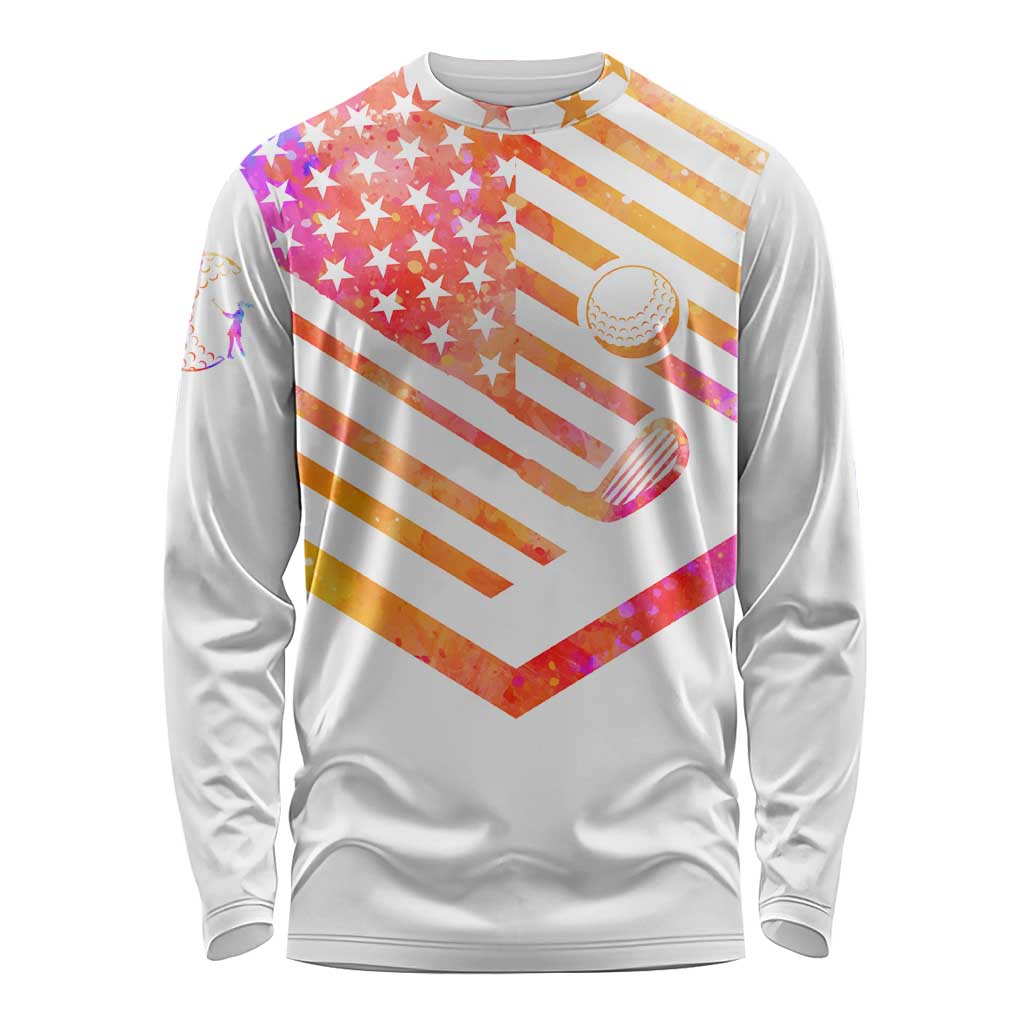 USA Golf Design Long Sleeve Shirt Watercolor Female Silhouette and Orange Gradient Flag and Ball Pattern - Wonder Print Shop
