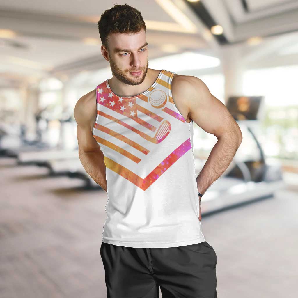 USA Golf Design Men Tank Top Watercolor Female Silhouette and Orange Gradient Flag and Ball Pattern - Wonder Print Shop