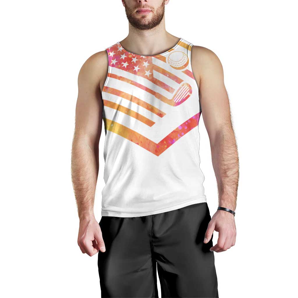 USA Golf Design Men Tank Top Watercolor Female Silhouette and Orange Gradient Flag and Ball Pattern - Wonder Print Shop