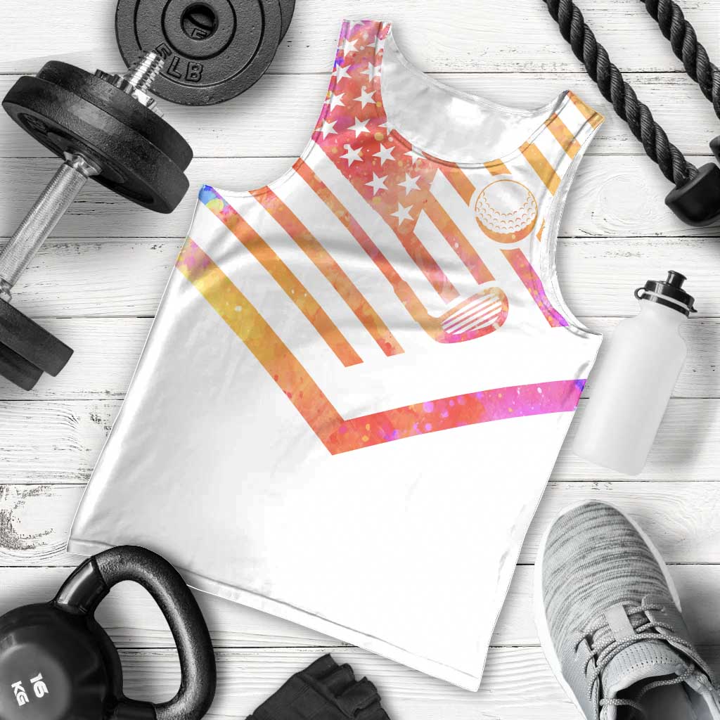 USA Golf Design Men Tank Top Watercolor Female Silhouette and Orange Gradient Flag and Ball Pattern - Wonder Print Shop