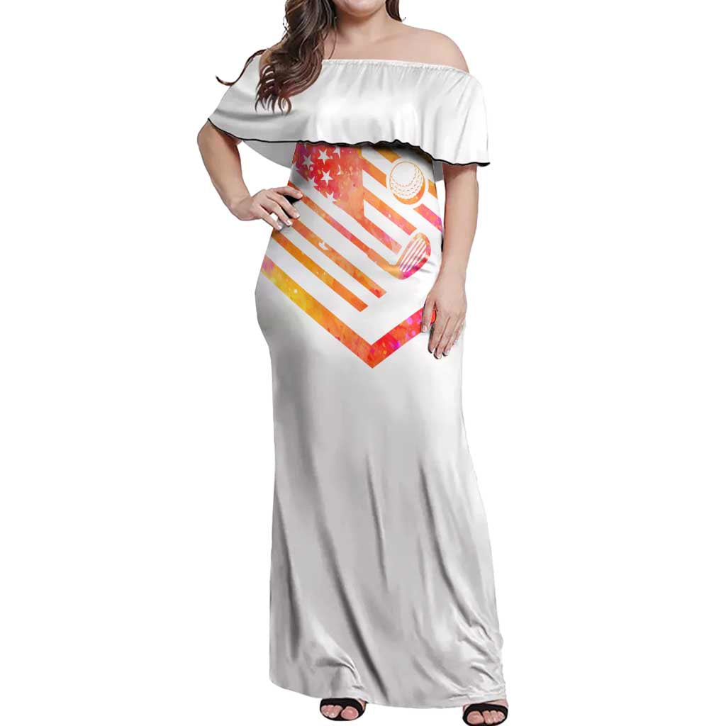 USA Golf Design Off Shoulder Maxi Dress Watercolor Female Silhouette and Orange Gradient Flag and Ball Pattern - Wonder Print Shop