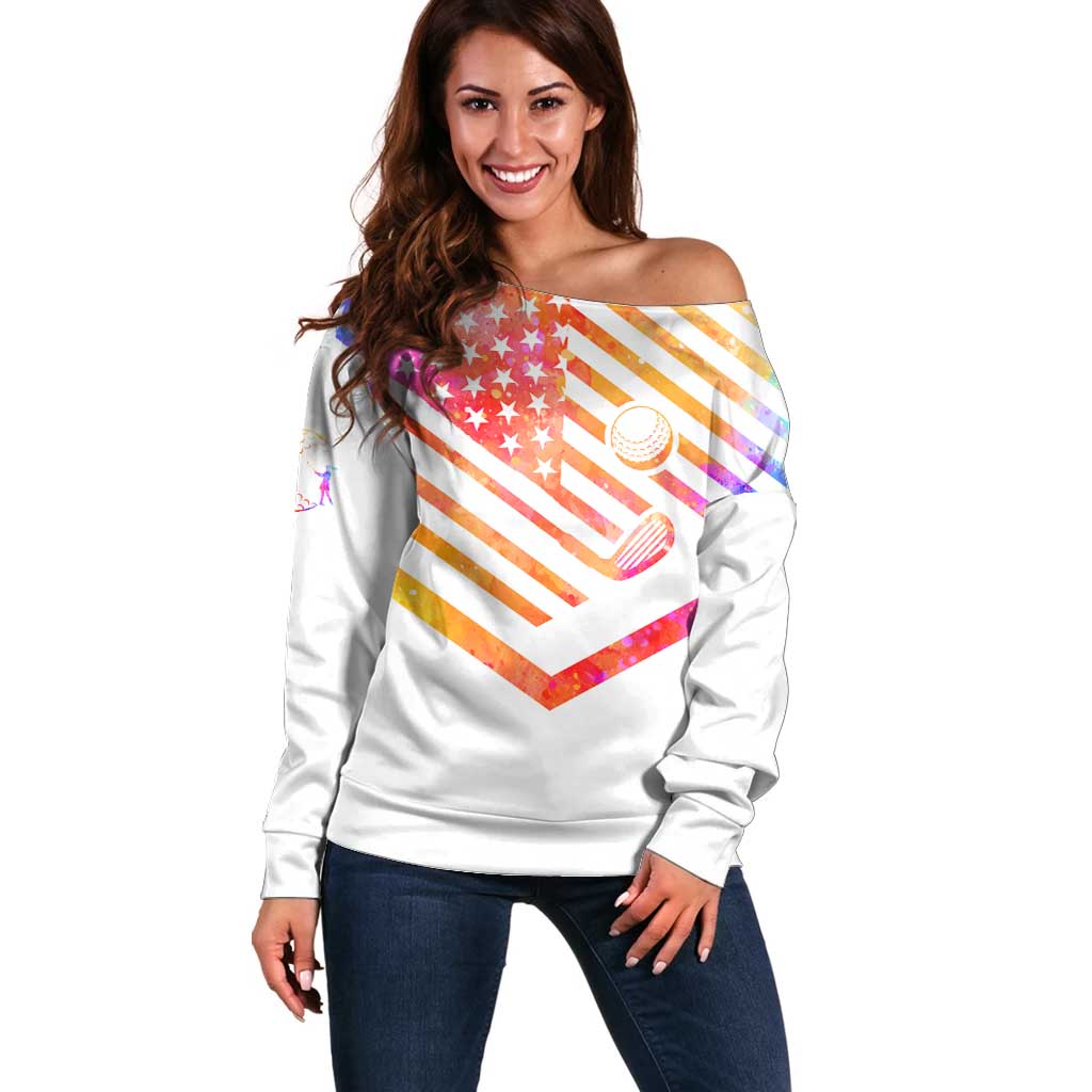 USA Golf Design Off Shoulder Sweater Watercolor Female Silhouette and Orange Gradient Flag and Ball Pattern - Wonder Print Shop