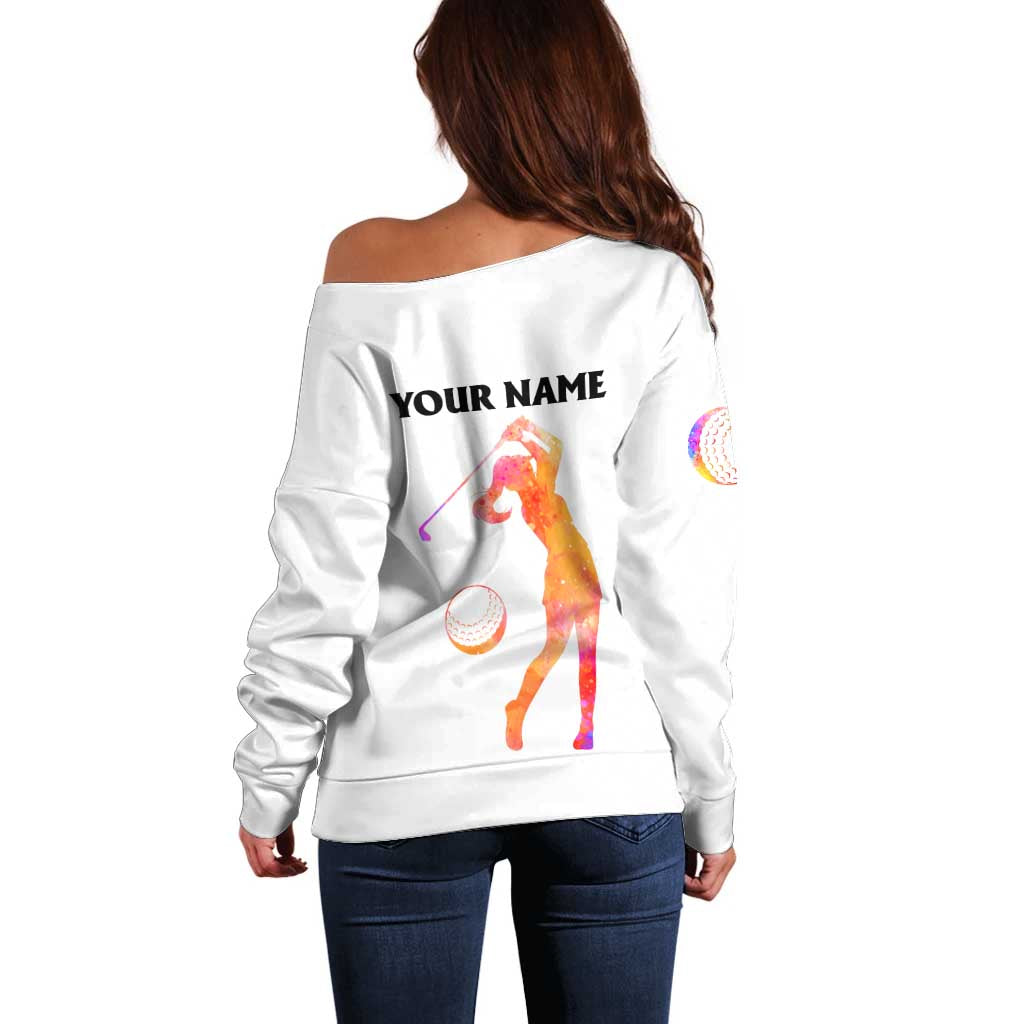 USA Golf Design Off Shoulder Sweater Watercolor Female Silhouette and Orange Gradient Flag and Ball Pattern - Wonder Print Shop