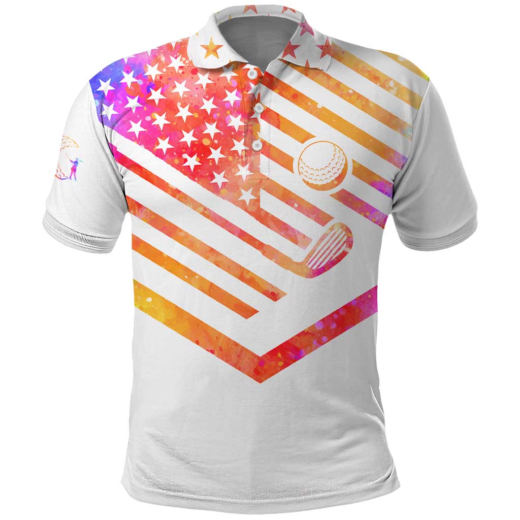 USA Golf Design Polo Shirt Watercolor Female Silhouette and Orange Gradient Flag and Ball Pattern - Wonder Print Shop