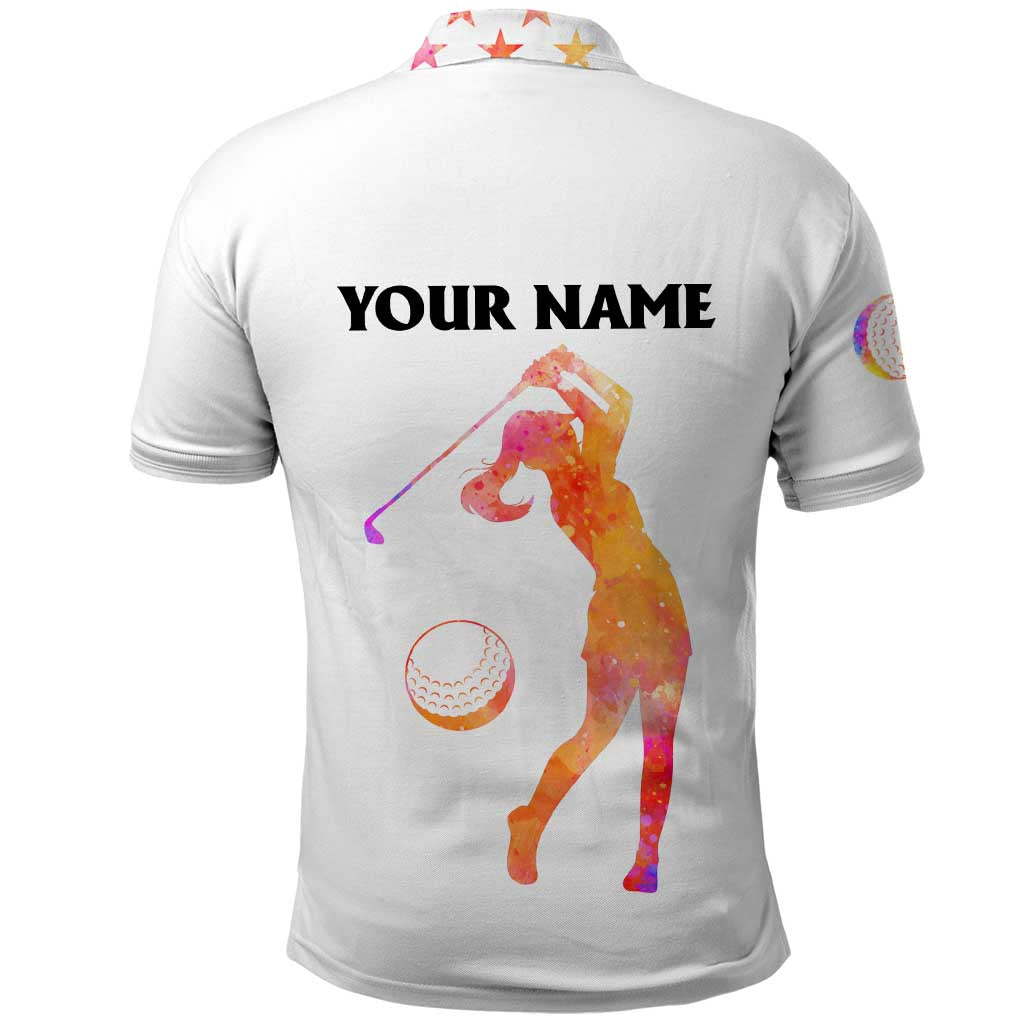 USA Golf Design Polo Shirt Watercolor Female Silhouette and Orange Gradient Flag and Ball Pattern - Wonder Print Shop