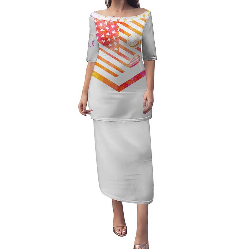 USA Golf Design Puletasi Watercolor Female Silhouette and Orange Gradient Flag and Ball Pattern - Wonder Print Shop