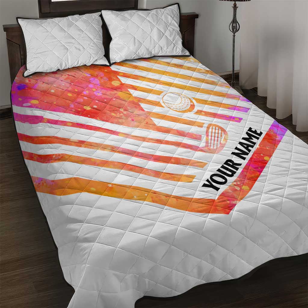 USA Golf Design Quilt Bed Set Watercolor Female Silhouette and Orange Gradient Flag and Ball Pattern - Wonder Print Shop