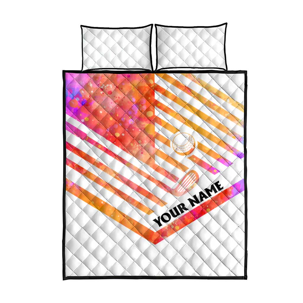 USA Golf Design Quilt Bed Set Watercolor Female Silhouette and Orange Gradient Flag and Ball Pattern - Wonder Print Shop