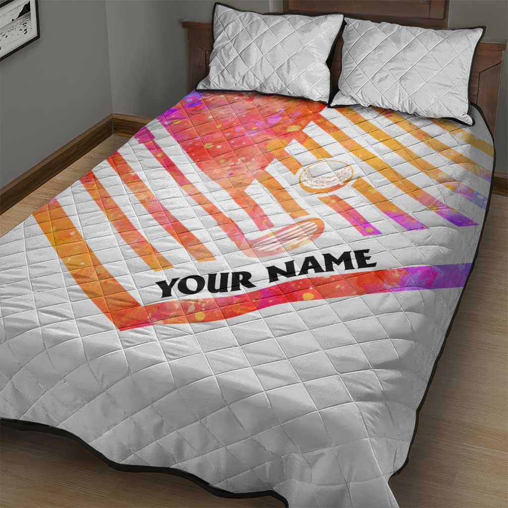 USA Golf Design Quilt Bed Set Watercolor Female Silhouette and Orange Gradient Flag and Ball Pattern - Wonder Print Shop