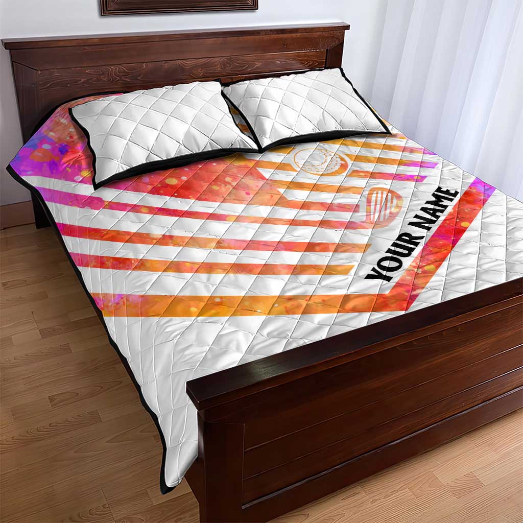 USA Golf Design Quilt Bed Set Watercolor Female Silhouette and Orange Gradient Flag and Ball Pattern - Wonder Print Shop