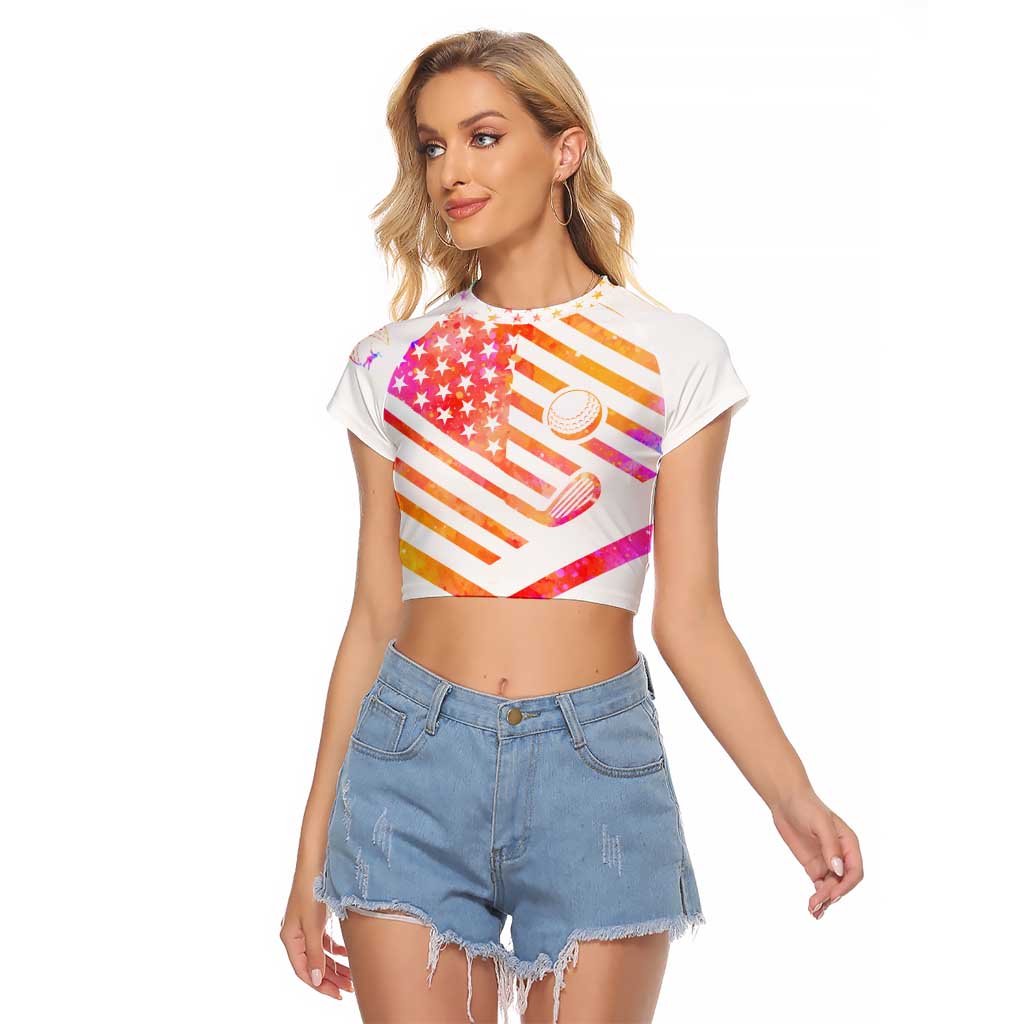 USA Golf Design Raglan Cropped T Shirt Watercolor Female Silhouette and Orange Gradient Flag and Ball Pattern - Wonder Print Shop