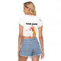 USA Golf Design Raglan Cropped T Shirt Watercolor Female Silhouette and Orange Gradient Flag and Ball Pattern - Wonder Print Shop