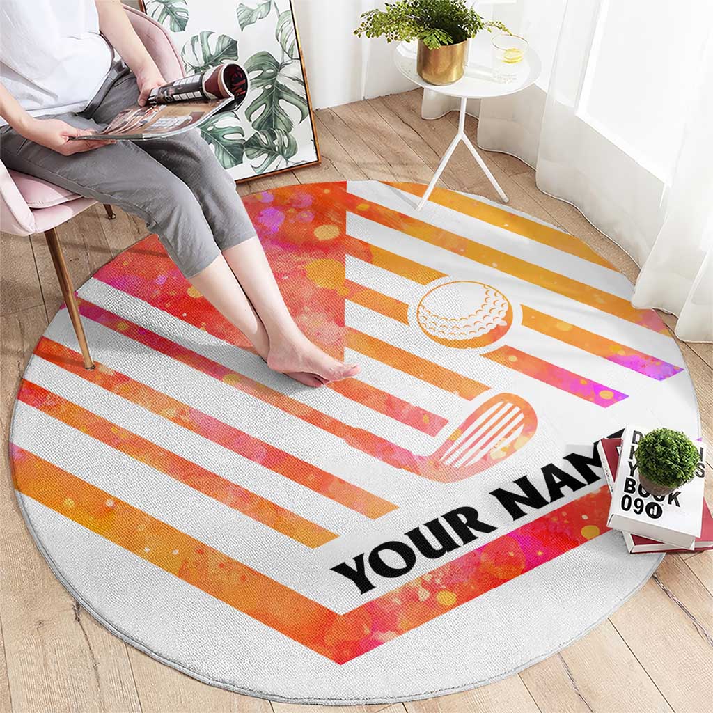 USA Golf Design Round Carpet Watercolor Female Silhouette and Orange Gradient Flag and Ball Pattern - Wonder Print Shop