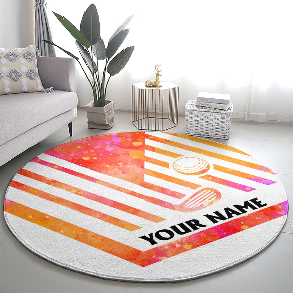USA Golf Design Round Carpet Watercolor Female Silhouette and Orange Gradient Flag and Ball Pattern - Wonder Print Shop