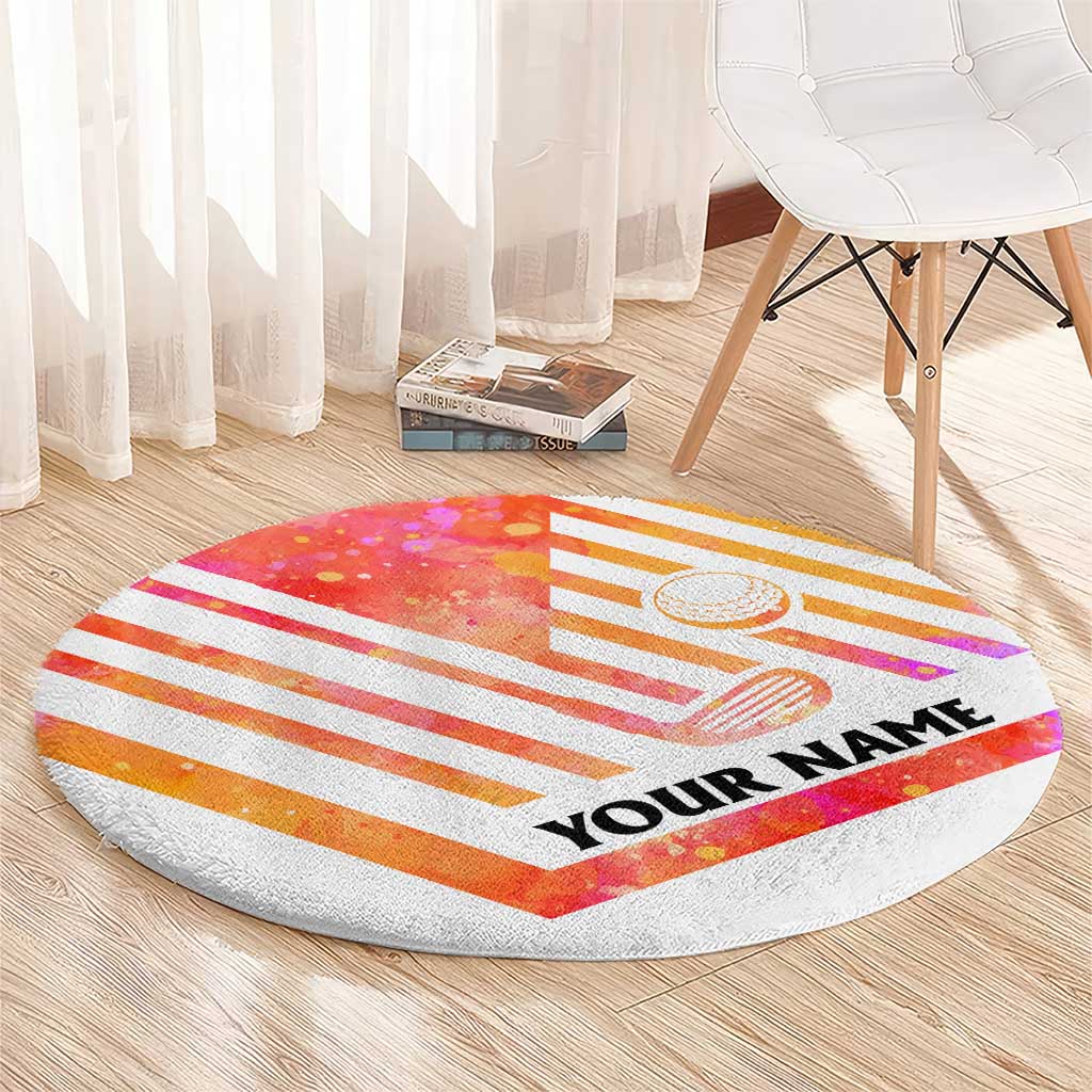 USA Golf Design Round Carpet Watercolor Female Silhouette and Orange Gradient Flag and Ball Pattern - Wonder Print Shop