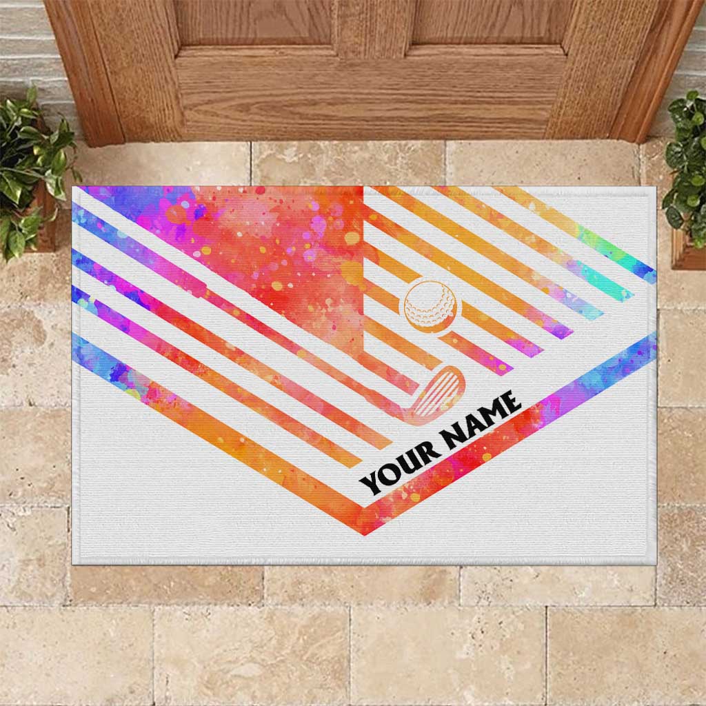 USA Golf Design Rubber Doormat Watercolor Female Silhouette and Orange Gradient Flag and Ball Pattern - Wonder Print Shop