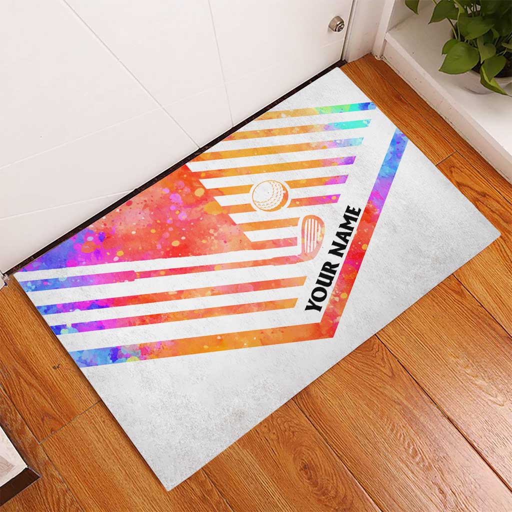 USA Golf Design Rubber Doormat Watercolor Female Silhouette and Orange Gradient Flag and Ball Pattern - Wonder Print Shop