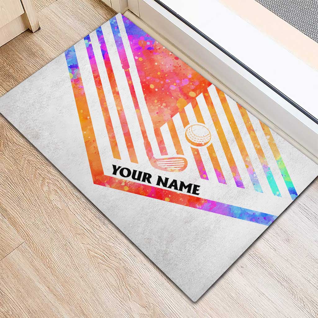 USA Golf Design Rubber Doormat Watercolor Female Silhouette and Orange Gradient Flag and Ball Pattern - Wonder Print Shop